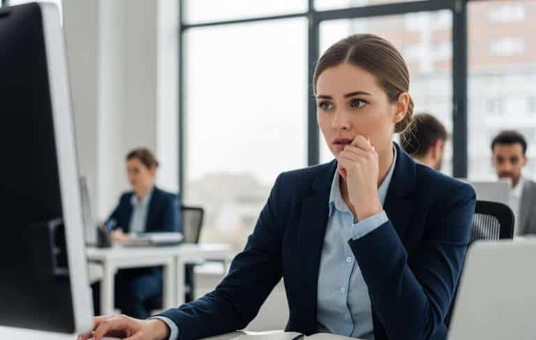 Anxious Woman at work Sally 768 Hypnotherapy for anxiety